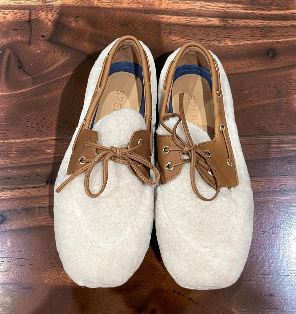 Sperry Women’s Size 9 Cream Sherpa Fleece Boat Shoes Tan Lace Up NIB